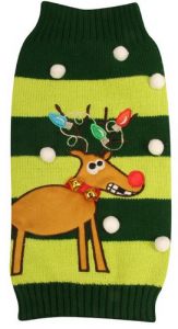 Ugly Christmas Sweater for Dogs Reindeer on Green Striped Sweater
